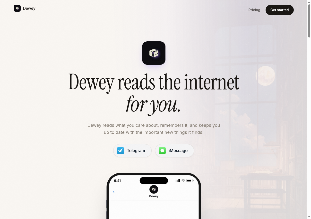 Dewey landing page showing chat-native reading companion
