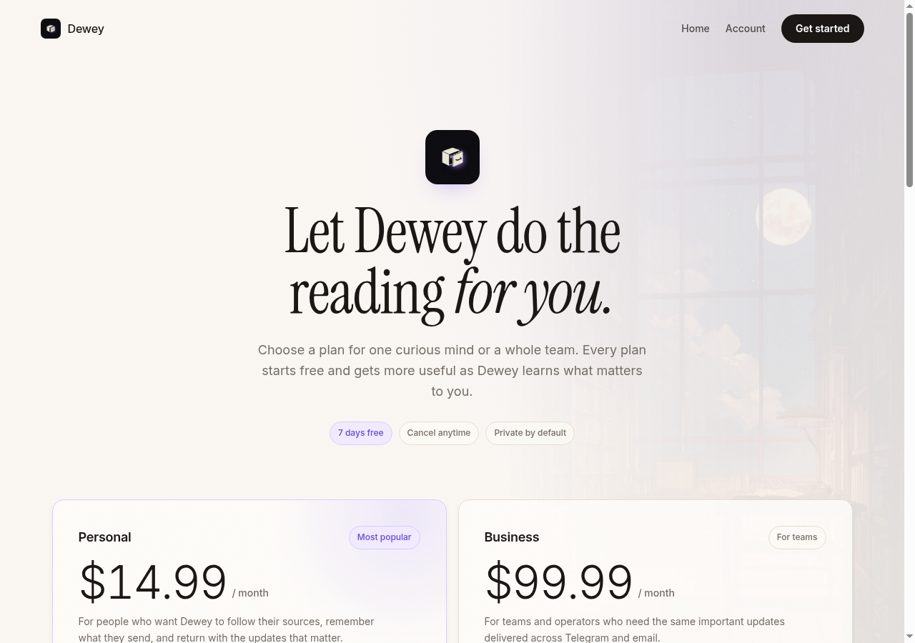 Dewey pricing showing Personal and Business plans