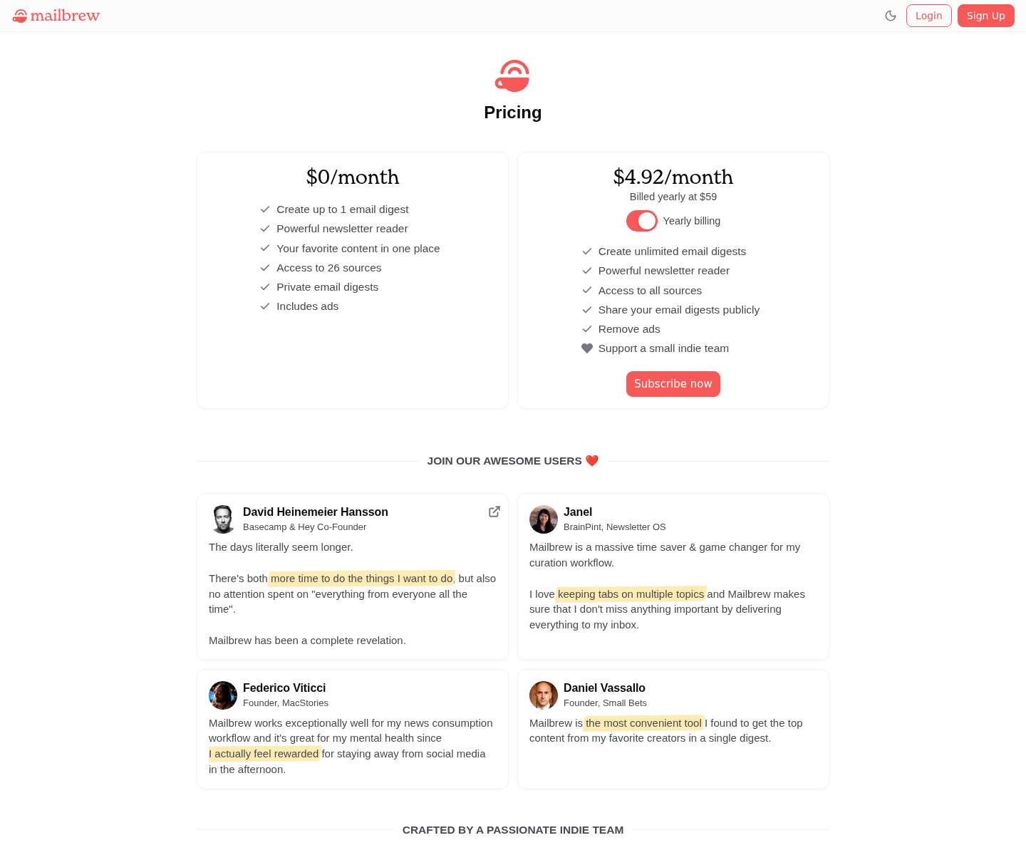 Mailbrew pricing showing Free and Paid plans