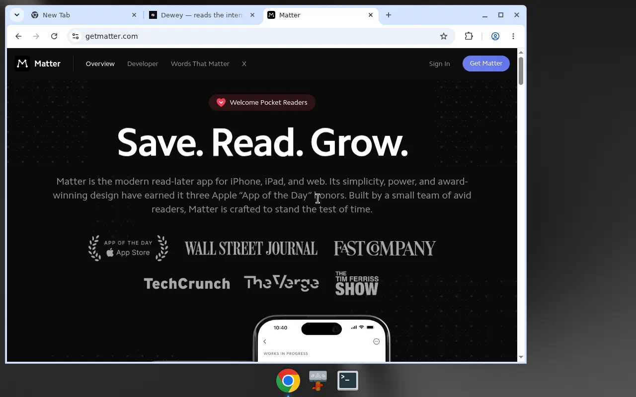 Matter landing page showing save, read, and grow reading app