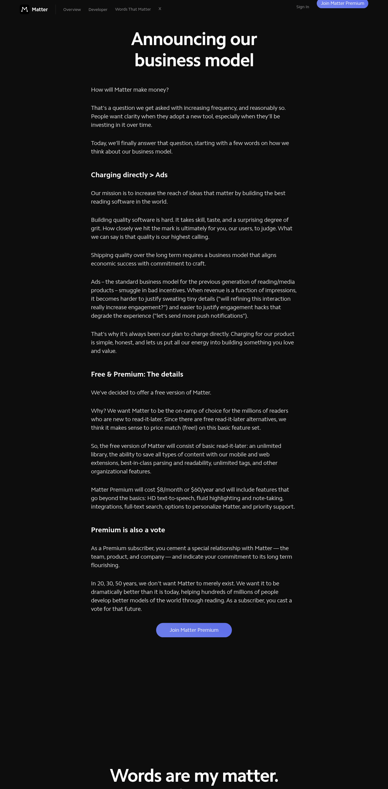 Matter Premium pricing at $8/mo or $60/yr from patron page
