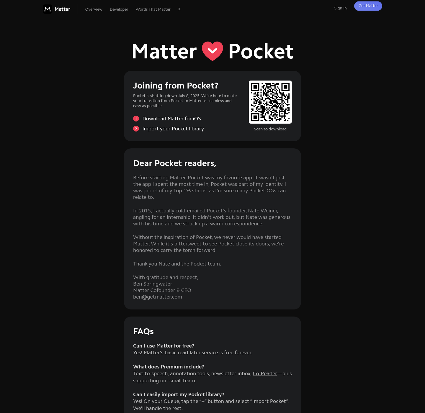Matter Pocket FAQ noting iPhone, iPad, and web; no Android