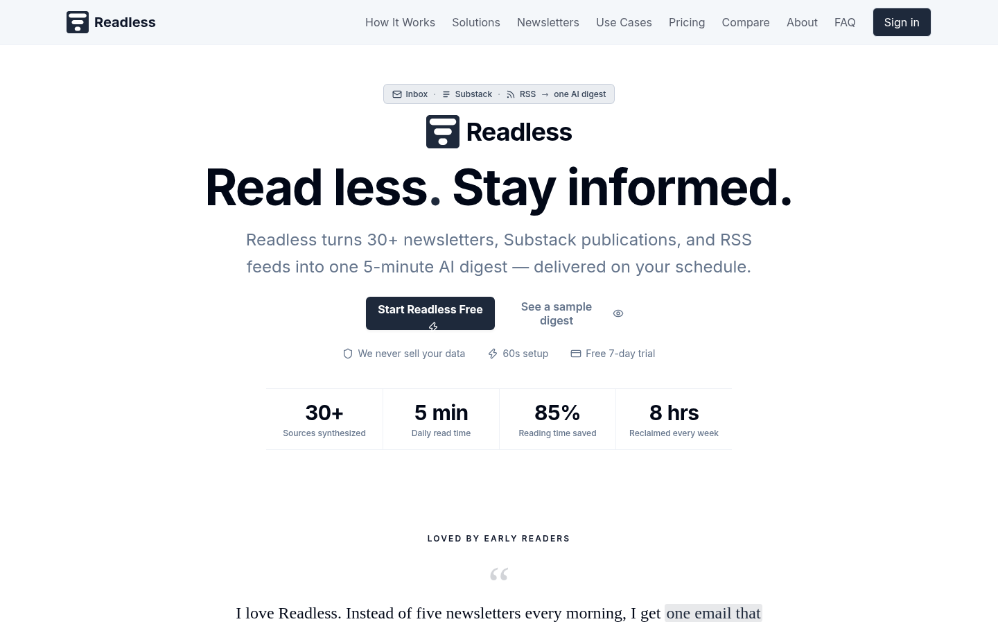 Readless landing page showing email digest service