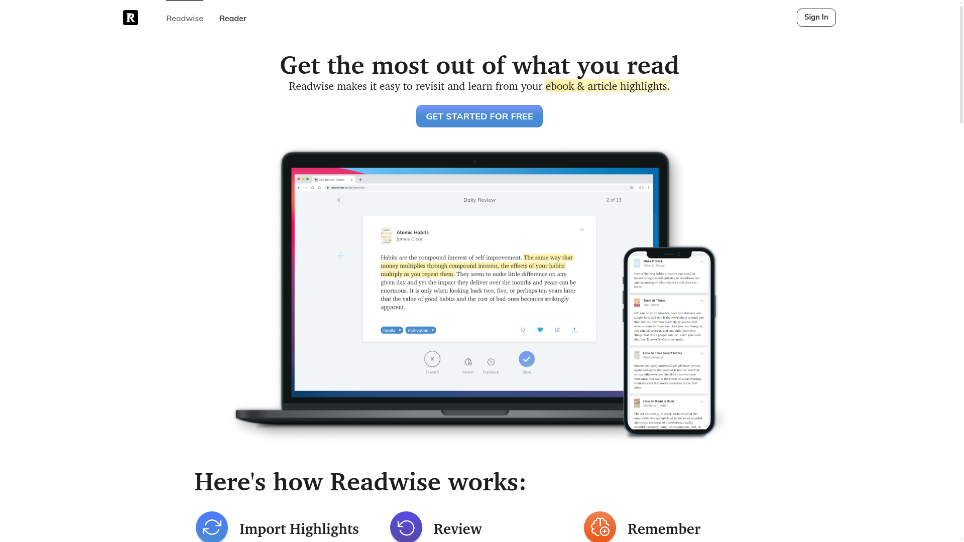 Readwise landing page showing highlight retention and reading app