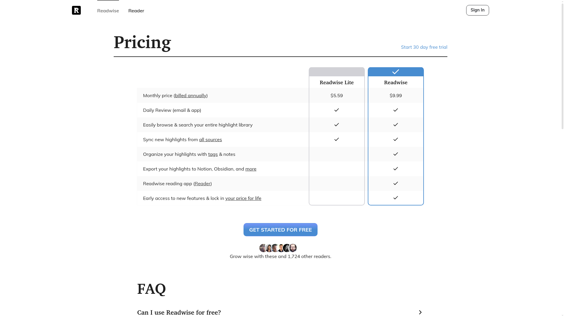 Readwise pricing showing Lite and Full plans