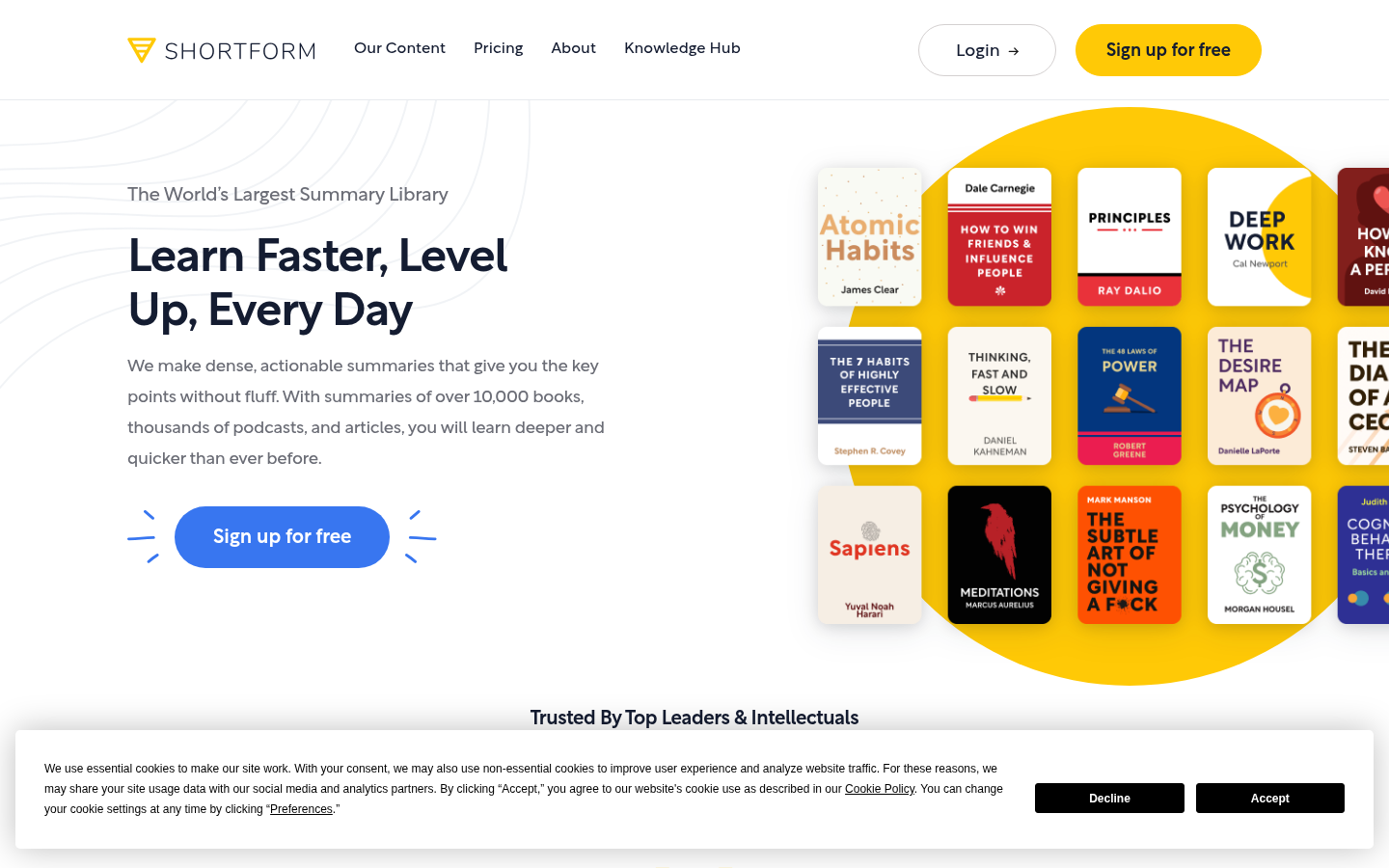 Shortform landing page showing book summary catalog