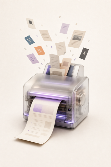 A translucent Dewey research device turning saved internet sources into one clean brief.